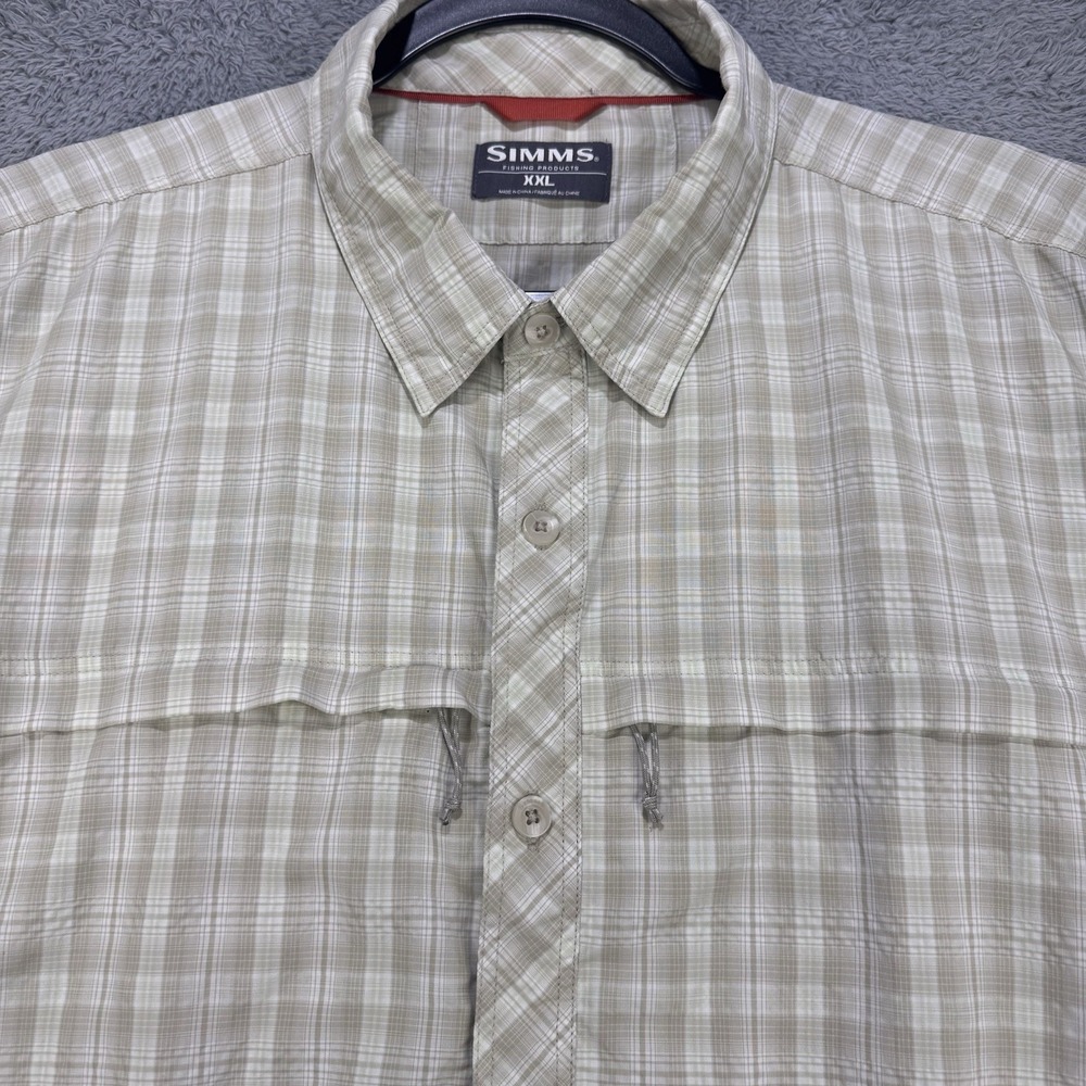 Simms Stone Cold Fishing Shirt Men 2XL Beige Zip Pockets Wicking Outdoor